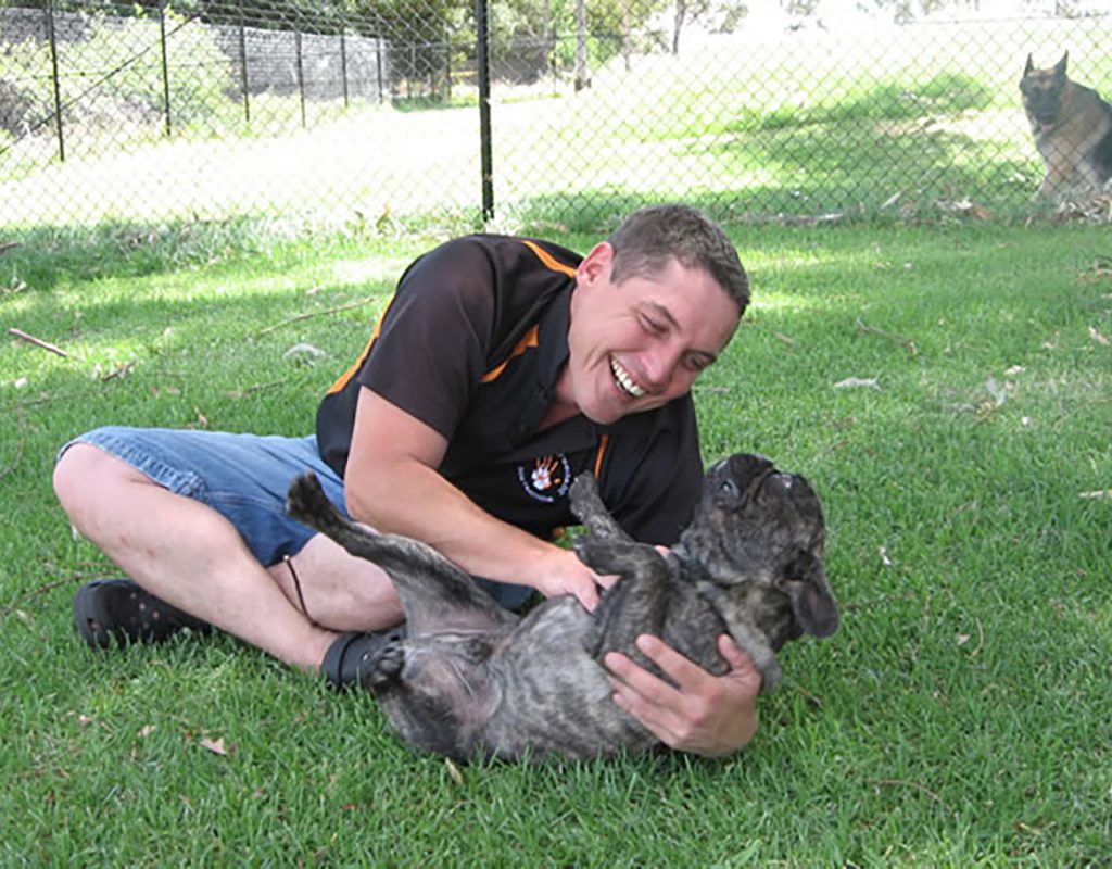 allbreeds dog trainer sitting on the ground playing with a dog