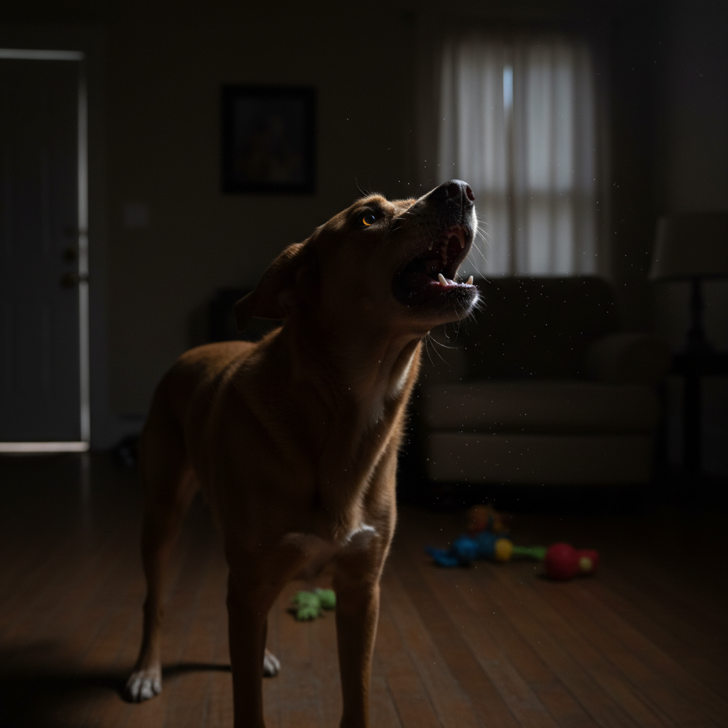 generate a photorealistic image of a dog possibly How to Reduce Your Dog’s Barking at Night 1 dog barking at night