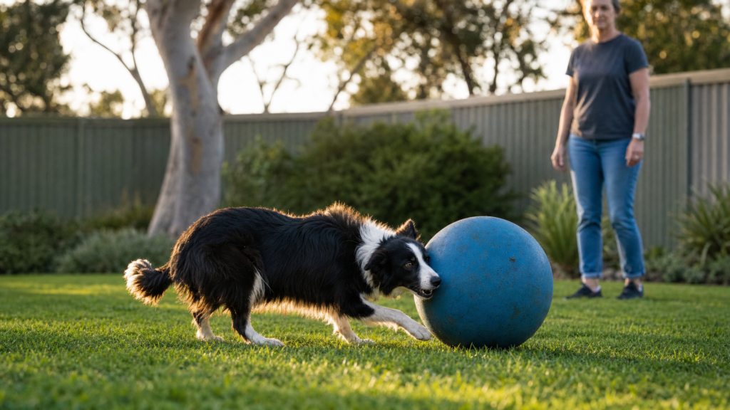 border collie training herding ball 6 Border Collie Training Tips 1 Border Collie in a herding crouch pushing a large herding ball across a backyard lawn
