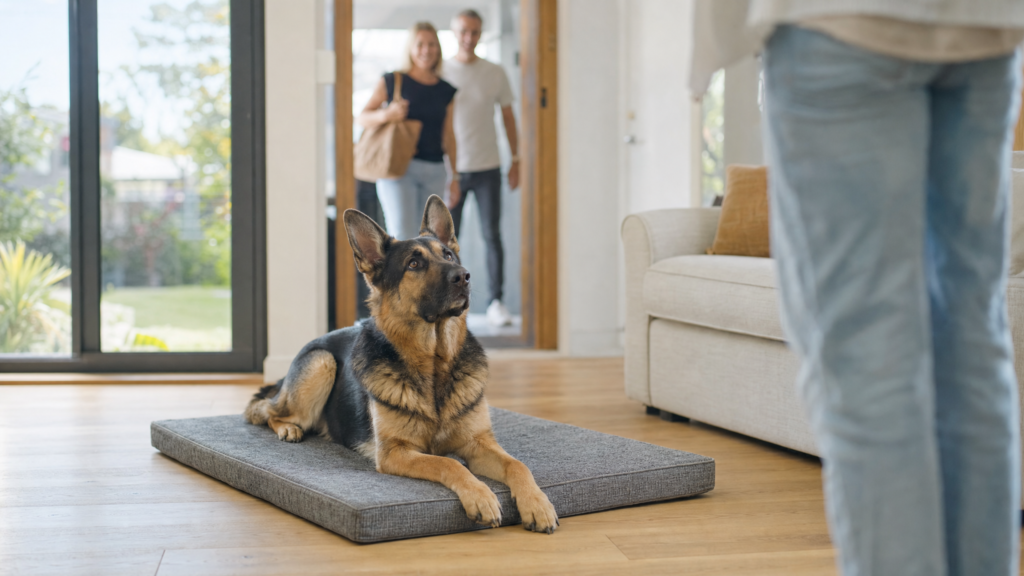 german shepherd training place command 7 German Shepherd Training Tips 1 German Shepherd lying calmly on its place mat as visitors arrive at the front door