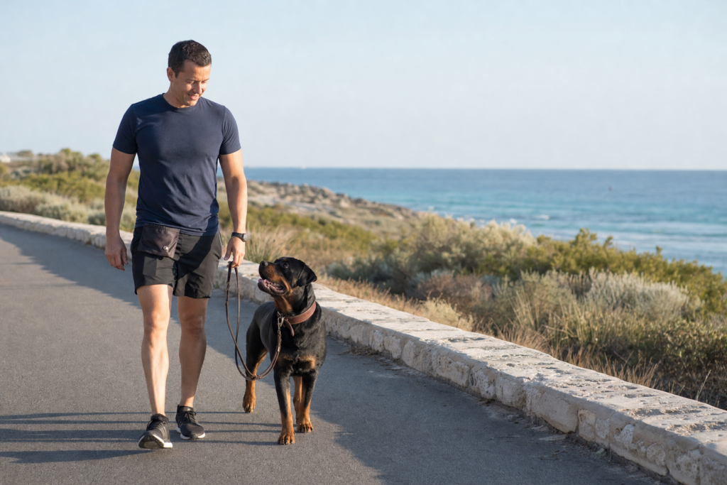 rottweiler training coastal loose lead walk 4 Rottweiler Training Tips 1 A man walks a big adult Rottweiler on a slack lead along a coastal